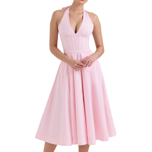 Halter Neck Backless Drawstring Tie Dress
