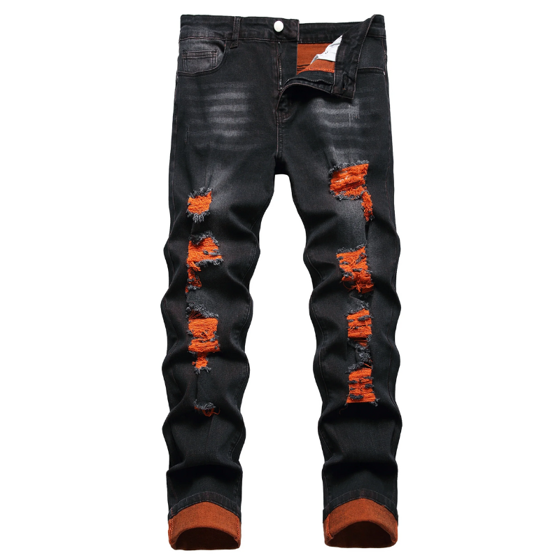 Men’s Black & Orange Distressed  Casual Party Stretch Jeans