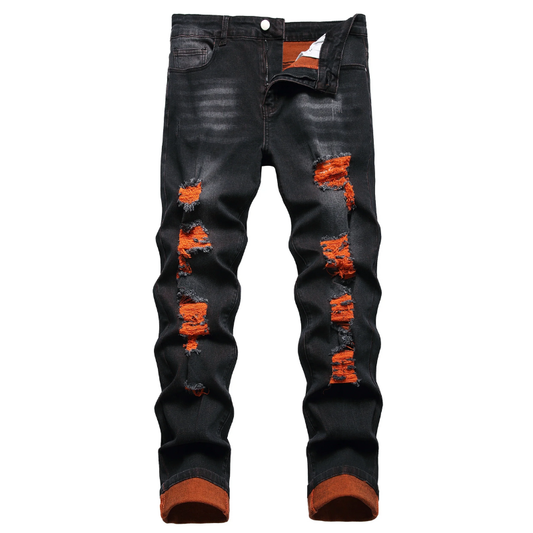 Men’s Black & Orange Distressed  Casual Party Stretch Jeans