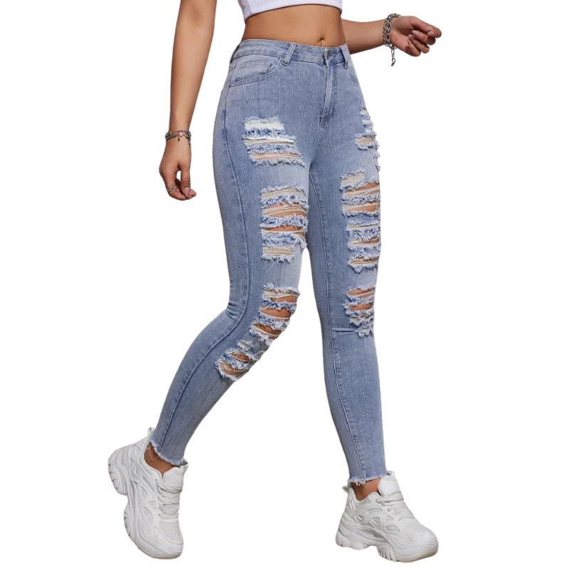 Stretch Denim Pencil Fit Women's High Waist Ripped Skinny Jeans
