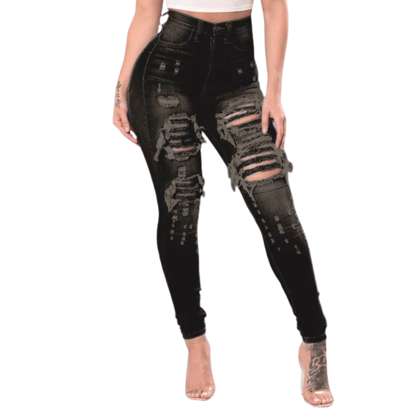 Black distressed jeans worn by a person on a white background