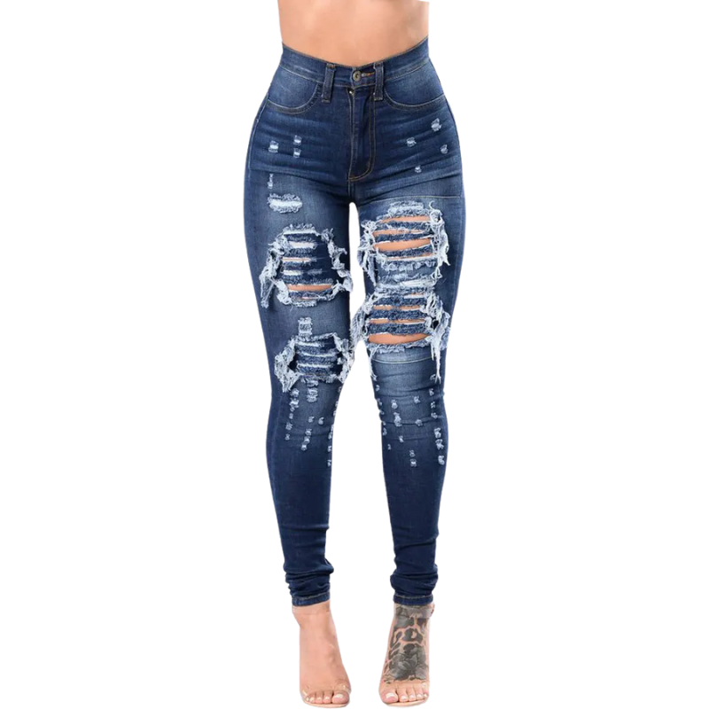 Dark Blue Denim Ripped High-Waist Skinny Jeans for Women