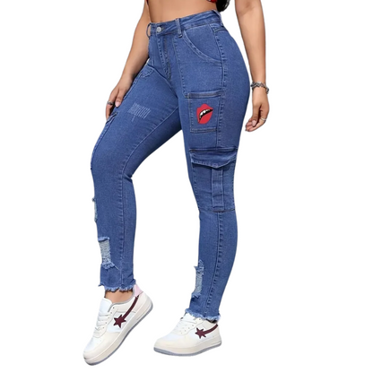 Sexy Blue High-Waist Skinny Jeans for Women with Pockets & Print