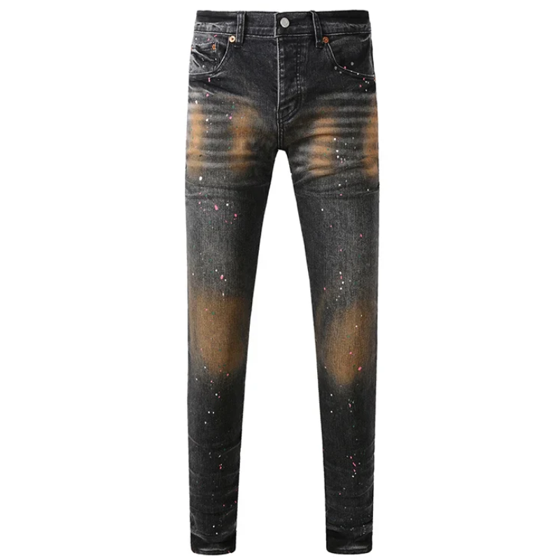 Dark Gray Spray Painted Style Men's Vintage Distressed Skinny Jeans