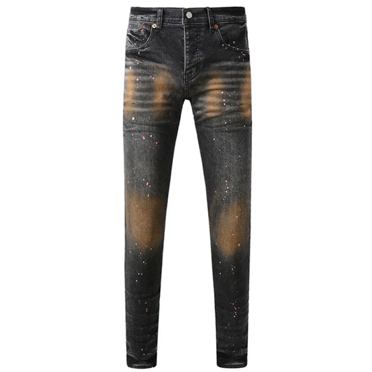Dark Gray Spray Painted Style Men's Vintage Distressed Skinny Jeans