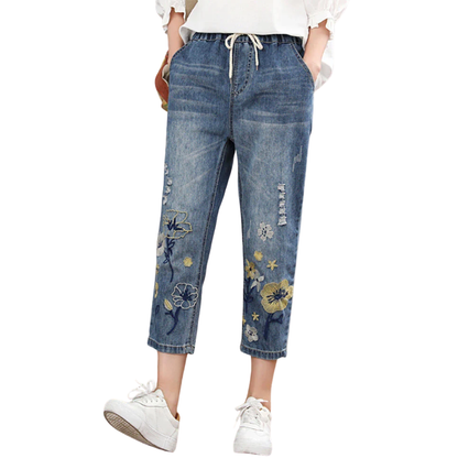 Summer Chic Vintage Floral Embroidered Ripped Harem Jeans for Women
