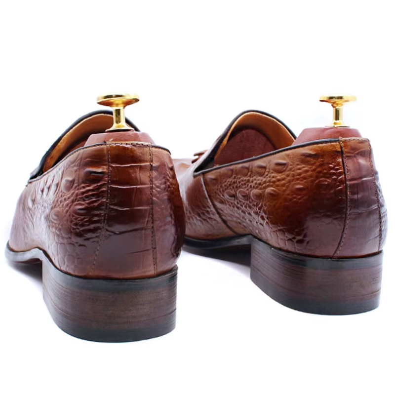 Brown leather shoes with gold accents on a white background