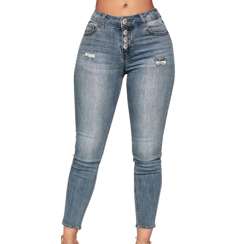 Stretch Denim with Pockets & Buttons Women's Ripped Skinny Jeans