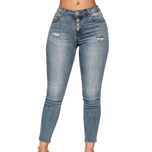 Stretch Denim with Pockets & Buttons Women's Ripped Skinny Jeans