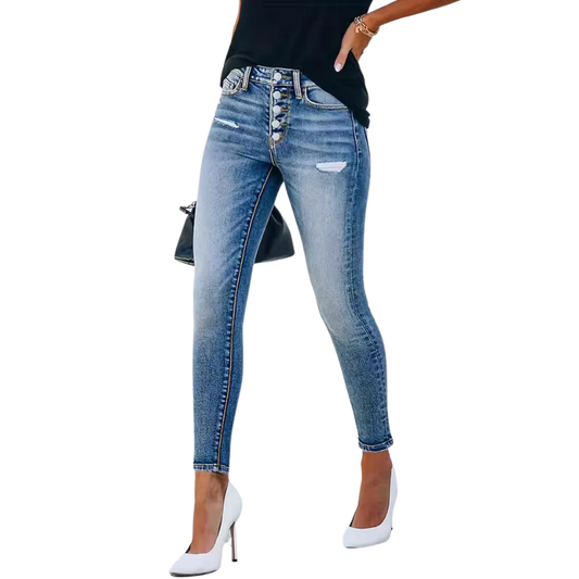 High Waist Bodycon Skinny Jeans with Button Detail