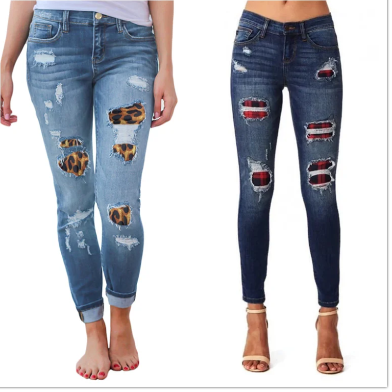 Stretch Denim Hipster Style Women’s Ripped Leopard Skinny Jeans
