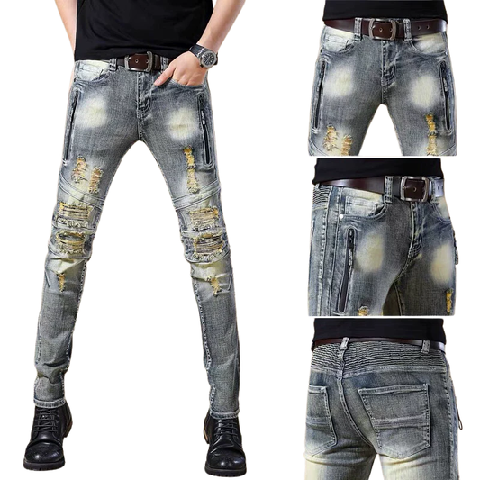 Ripped European and American Distressed Trendy Patchwork Biker Jeans