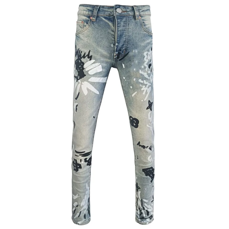 Light Blue, Stretch, Low Rise Men's Retro Graffiti Skinny Jeans