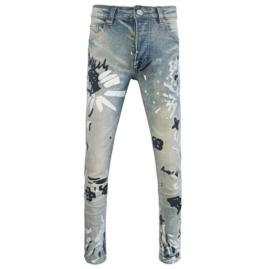 Light Blue, Stretch, Low Rise Men's Retro Graffiti Skinny Jeans