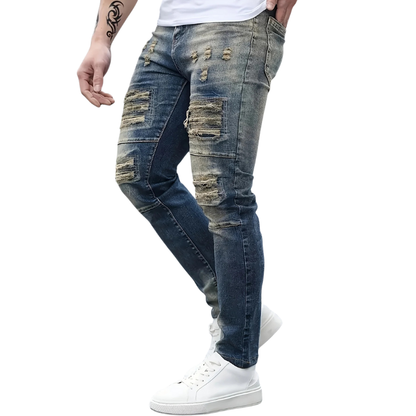 Dark Blue All-Season Denim Men's Slim Fit Ripped Stretch Jeans
