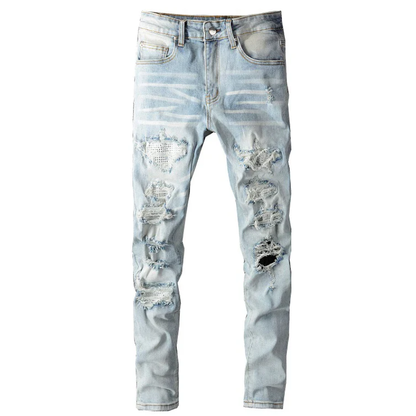 Light Blue Streetwear Denim Men’s Ripped Patchwork Skinny Jeans