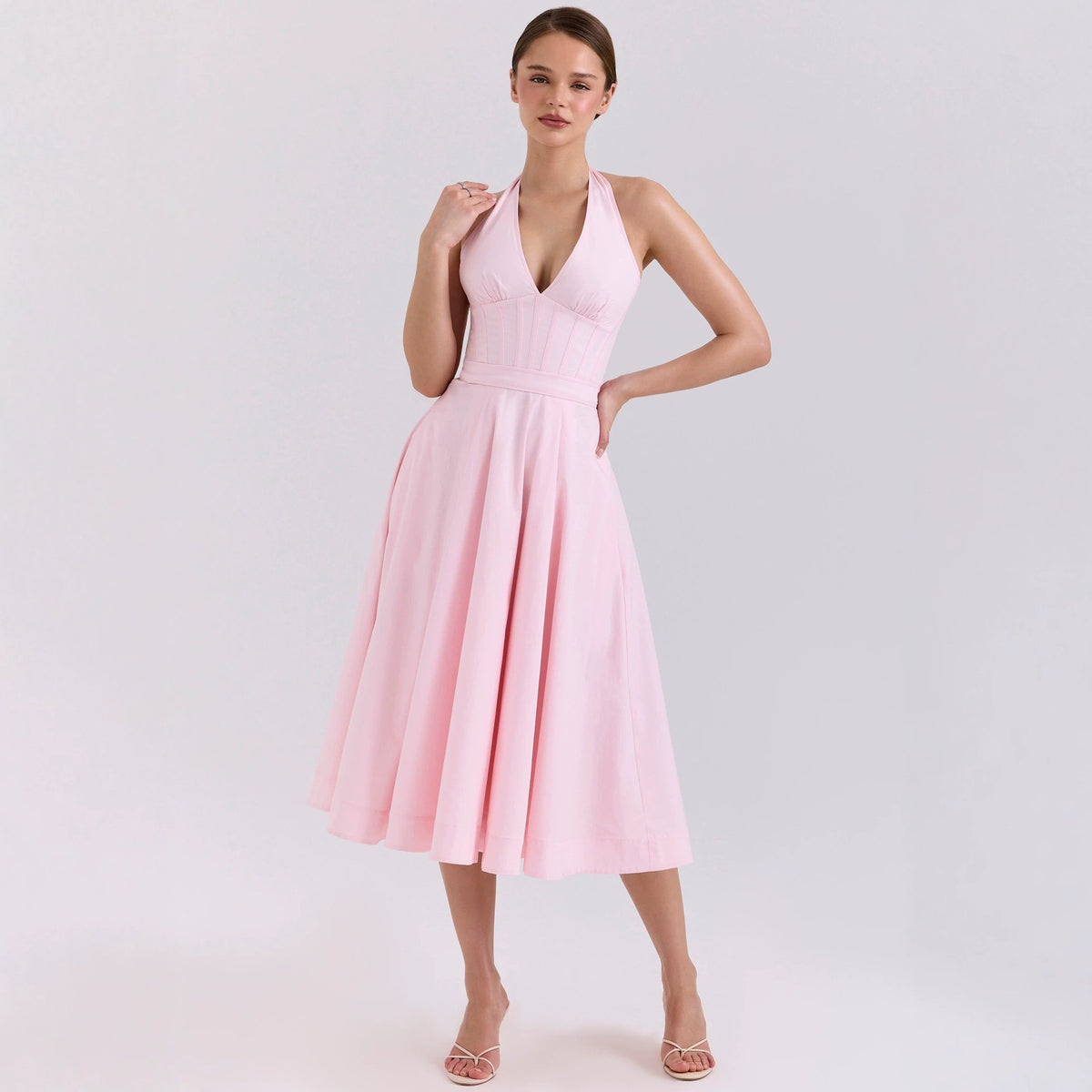 Halter Neck Backless Drawstring Tie Dress