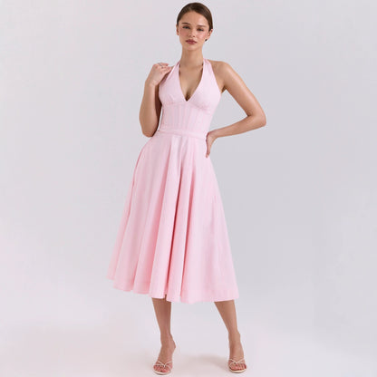 Halter Neck Backless Drawstring Tie Dress