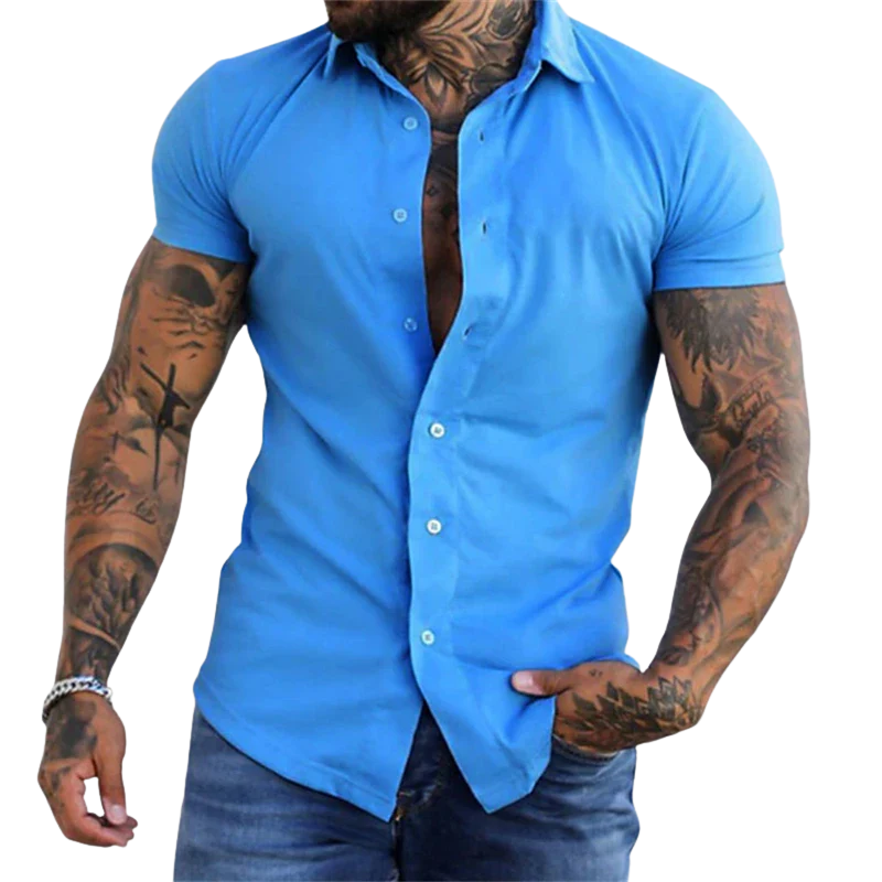 Casual Solid No-Iron Fit Men’s Short Sleeve Stretch Lapel Shirt
