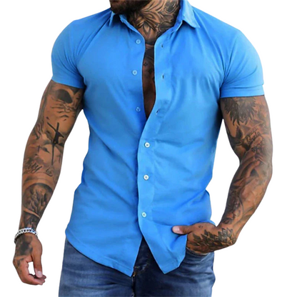 Casual Solid No-Iron Fit Men’s Short Sleeve Stretch Lapel Shirt