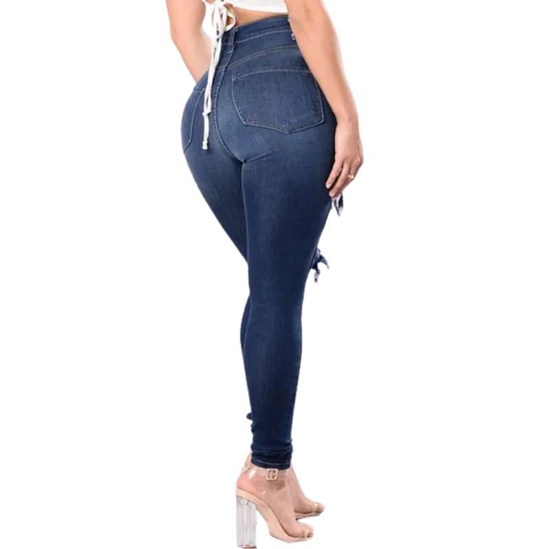 Blue jeans worn by a person on a white background