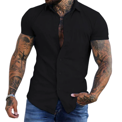 Casual Solid No-Iron Fit Men’s Short Sleeve Stretch Lapel Shirt