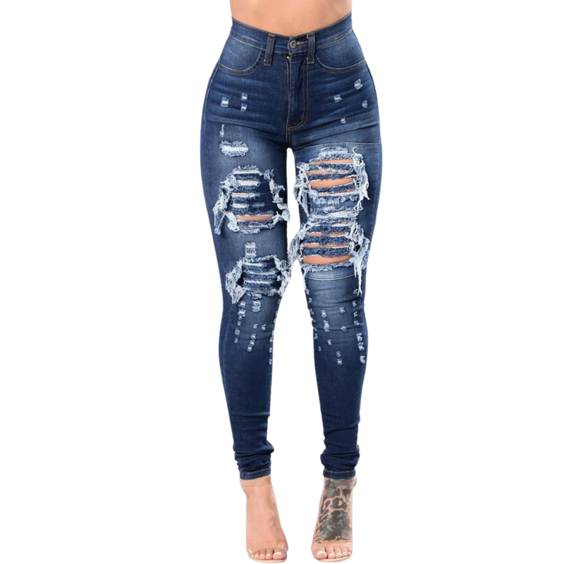 Distressed blue jeans on a white background