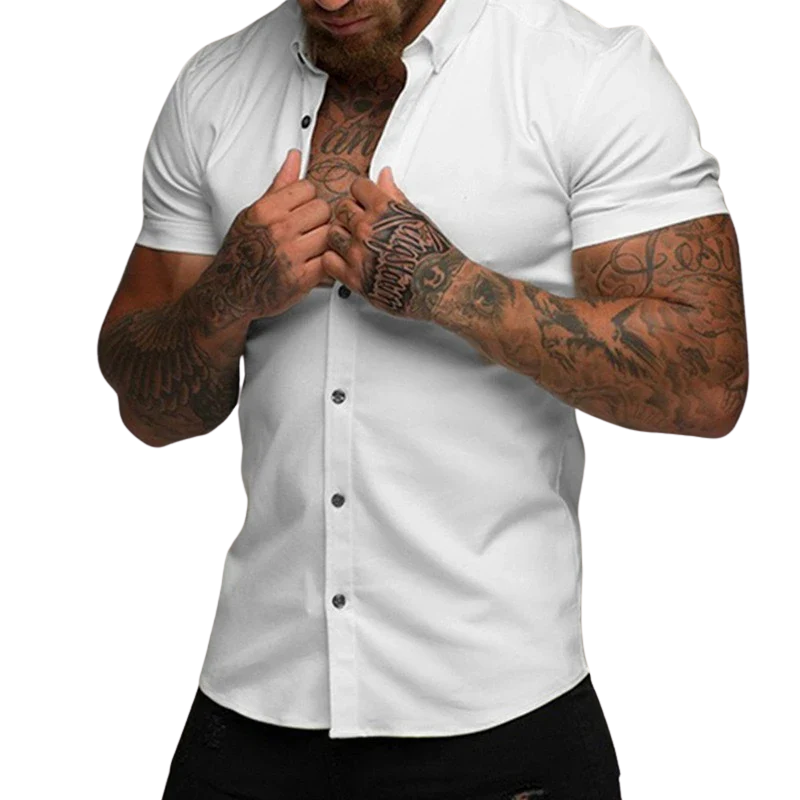 Casual Solid No-Iron Fit Men’s Short Sleeve Stretch Lapel Shirt