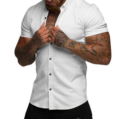 Casual Solid No-Iron Fit Men’s Short Sleeve Stretch Lapel Shirt
