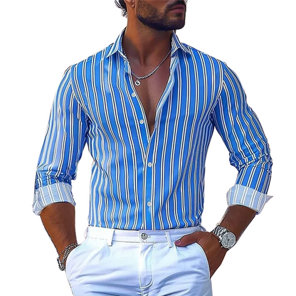 Formal & Casual Long Sleeve Button Top Men’s Striped Lapel Shirt