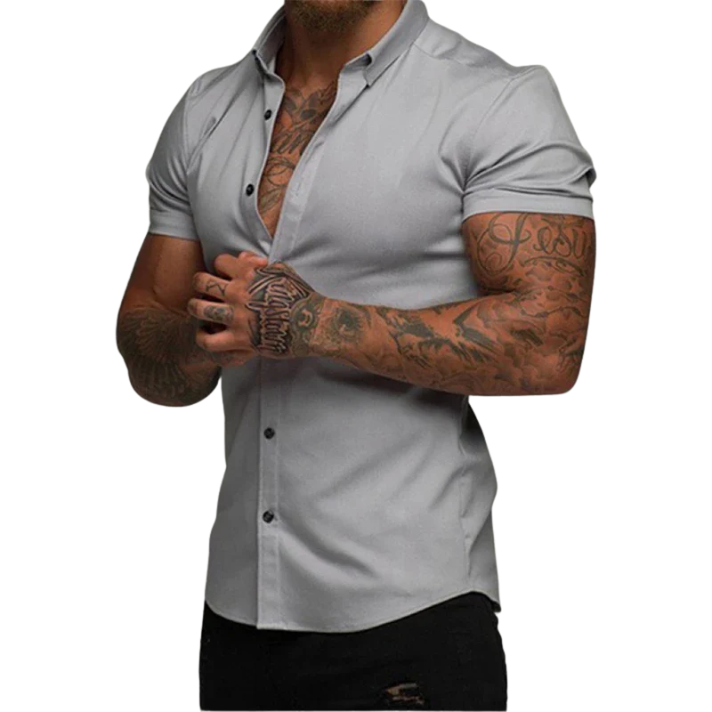 Casual Solid No-Iron Fit Men’s Short Sleeve Stretch Lapel Shirt