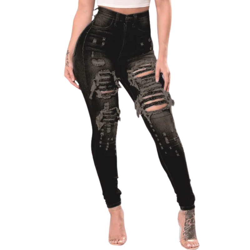 Black distressed jeans worn by a person on a white background