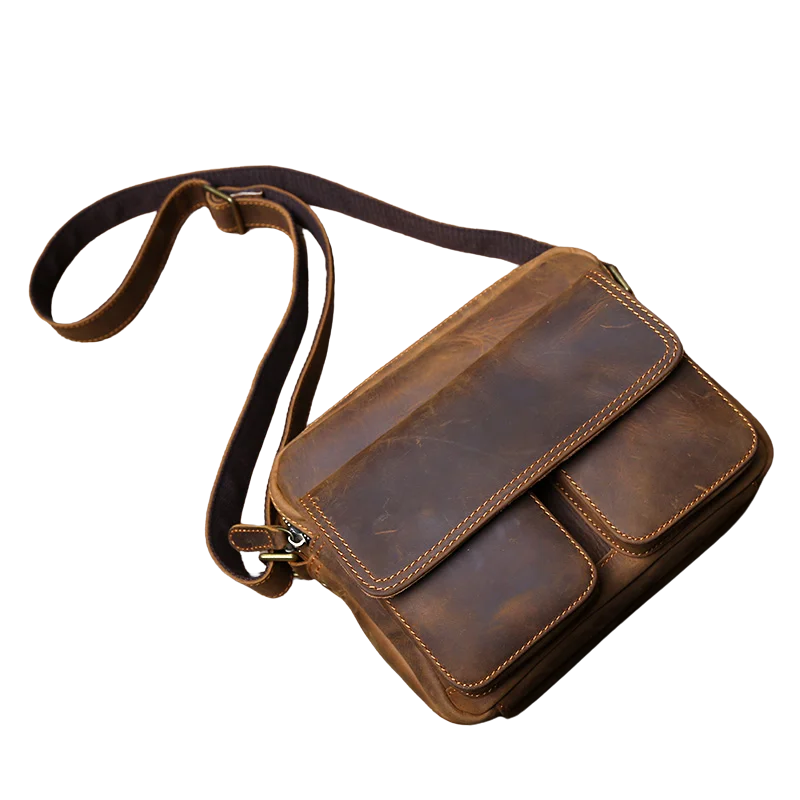 Retro Cowhide Leather Shoulder Messenger Bag for 9" iPad