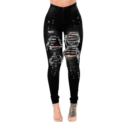 Black distressed jeans on a white background
