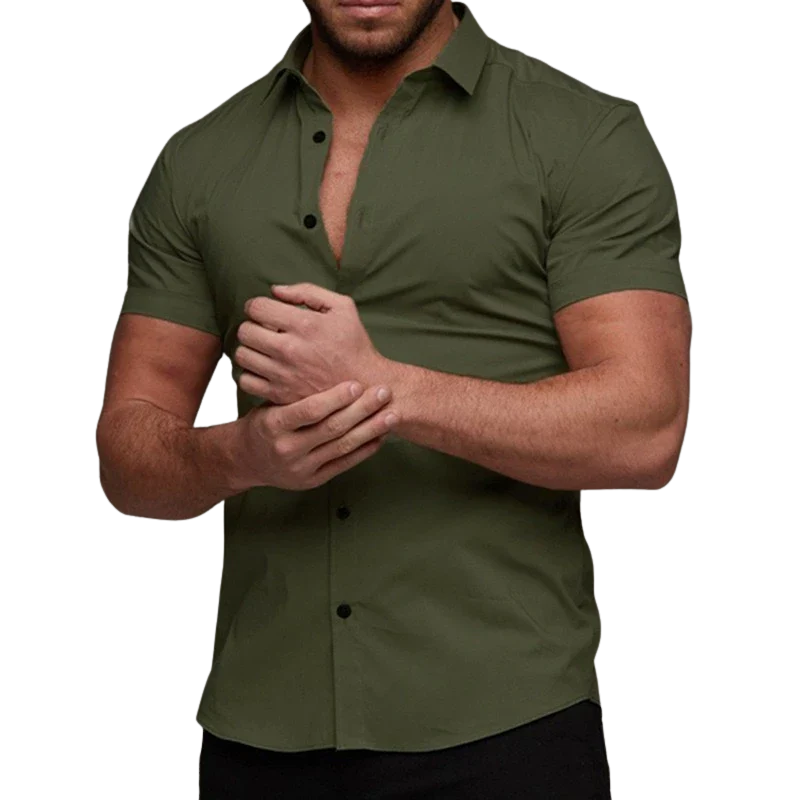 Casual Solid No-Iron Fit Men’s Short Sleeve Stretch Lapel Shirt