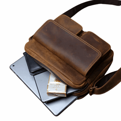 Retro Cowhide Leather Shoulder Messenger Bag for 9" iPad