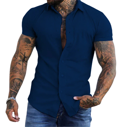 Casual Solid No-Iron Fit Men’s Short Sleeve Stretch Lapel Shirt