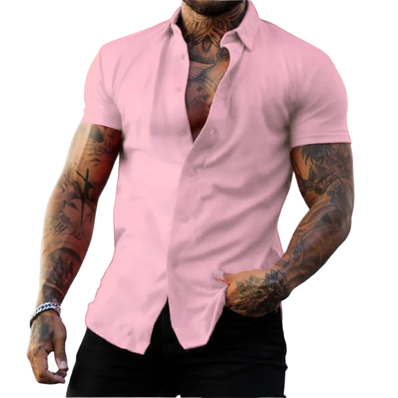 Casual Solid No-Iron Fit Men’s Short Sleeve Stretch Lapel Shirt