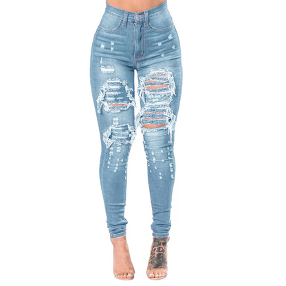 Slim Elastic Fit High-Waist Ripped Skinny Jeans for Women