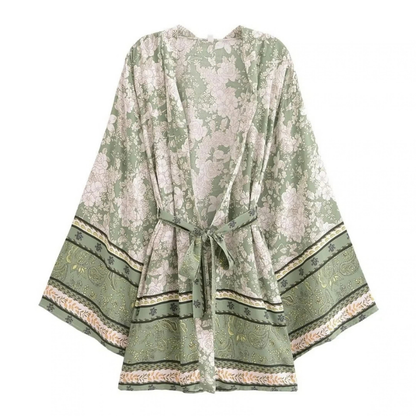 Women's Floral Print Short Kimono with Belt