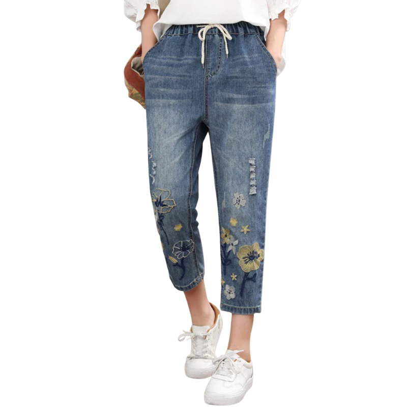 Summer Chic Vintage Floral Embroidered Ripped Harem Jeans for Women