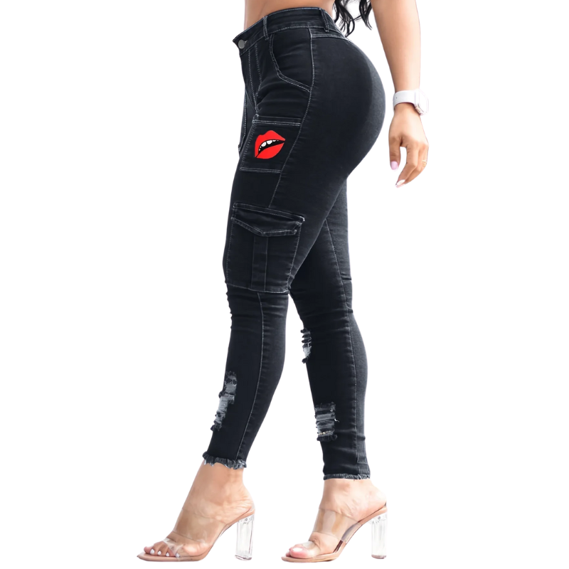 Sexy Blue High-Waist Skinny Jeans for Women with Pockets & Print