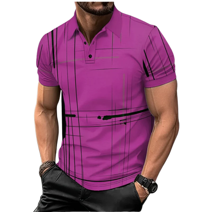 3D Striped Digital Print, Zipper Men’s Summer Short Sleeve Polo Shirt