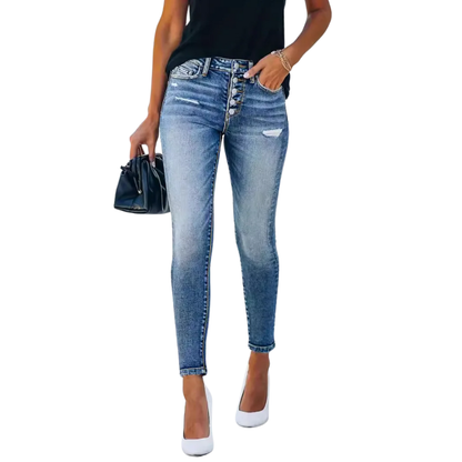 High Waist Bodycon Skinny Jeans with Button Detail