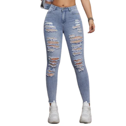 Stretch Denim Pencil Fit Women's High Waist Ripped Skinny Jeans