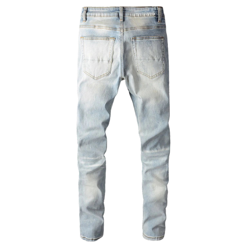 Light Blue Streetwear Denim Men’s Ripped Patchwork Skinny Jeans