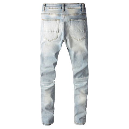 Light Blue Streetwear Denim Men’s Ripped Patchwork Skinny Jeans