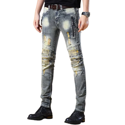Ripped European and American Distressed Trendy Patchwork Biker Jeans