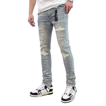 Men's Slim Fit Patchwork Ripped Stretch Jeans