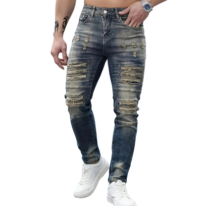 Dark Blue All-Season Denim Men's Slim Fit Ripped Stretch Jeans
